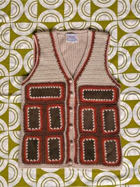 Vintage 70s Aware Knit Leather Retro V-Neck Sweater Vest